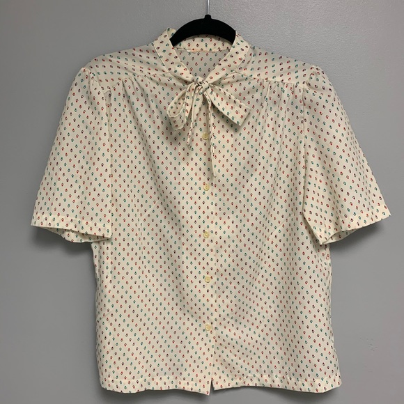 Vintage Tops - Vintage Geometric Printed Neck Bow Collar Shirt